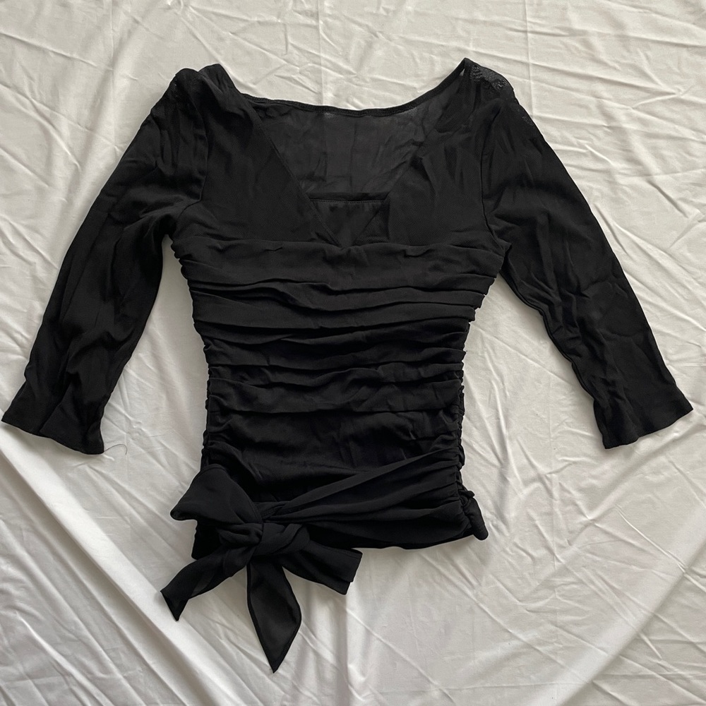 black mesh ruched top with tie across waist